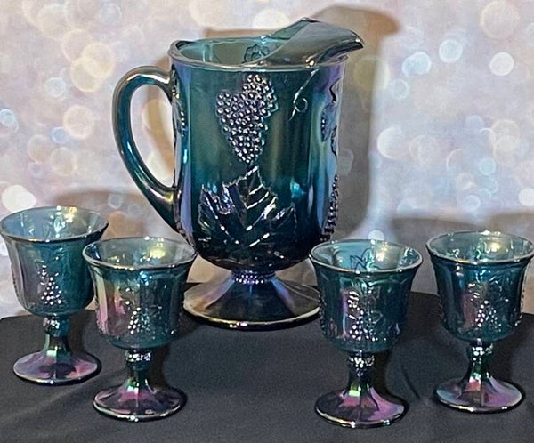 Carnival Glass Blue Iridescent Harvest Pitcher and Four Goblet Set (5 Piece)