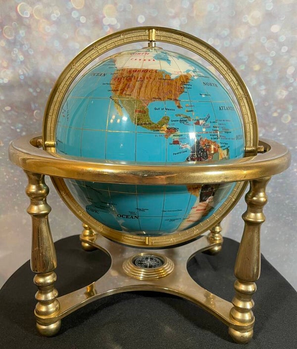 Vintage Blue Gemstone Inlaid World Globe on Brass Stand with Compass