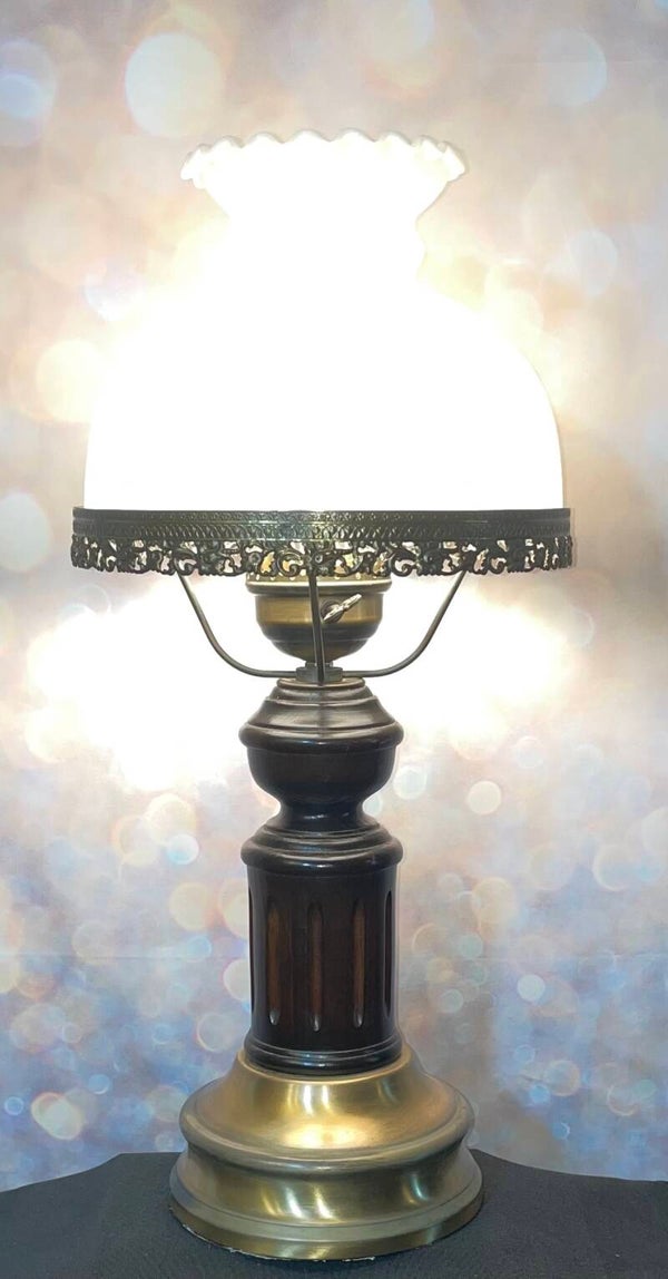 Vintage Hurricane Table Lamp with Frosted Glass Shade & Ornate Metal Trim