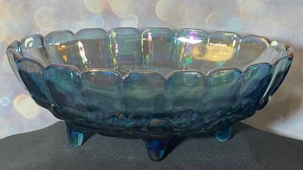 Carnival Glass Blue Iridescent Footed Bowl