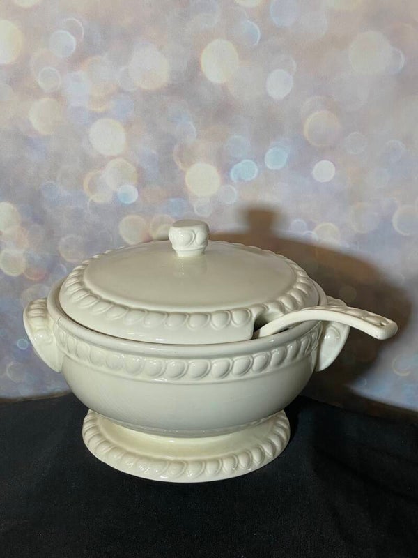 Vintage Ceramic Soup Tureen with Lid and Matching Ladle
