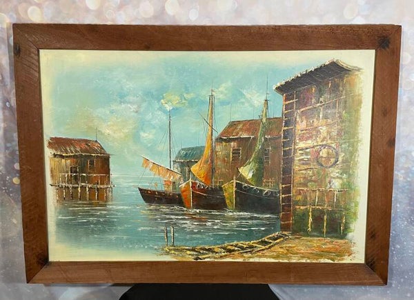 Vintage Mid-Century Harbor Scene by L. Bing (Original Oil, 24” x 36”, Cedar Frame)