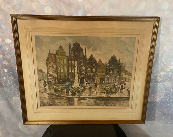 Café on the Square – Early 20th Century Vintage Limited Edition Etching by Grelot (29 ½” x 25”)