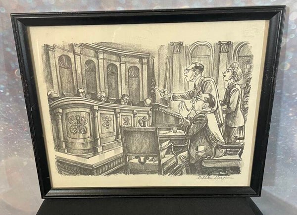 William Sharp – Courtroom Scene – Original Lithograph, Framed (c. Mid-20th Century, 11” x  14”)