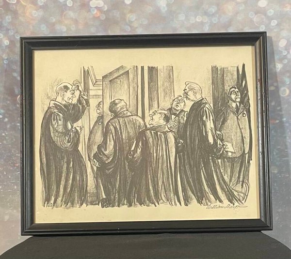 William Sharp – “Judges in Chambers” – Original Courtroom Lithograph, Framed (c. Mid-20th Century, 14” x  11”)