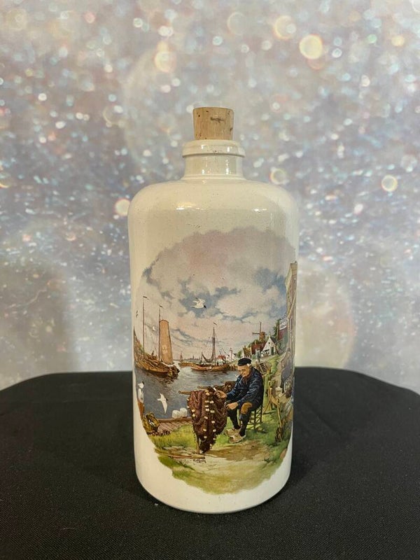 Vintage Dutch Scene Ceramic Bottle with Cork Stopper