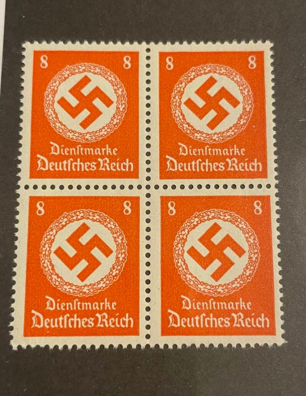 “Dienstmarke Deutsches Reich” (WWII Era) – Block of Four Official Service Stamps, 8 Pfennig