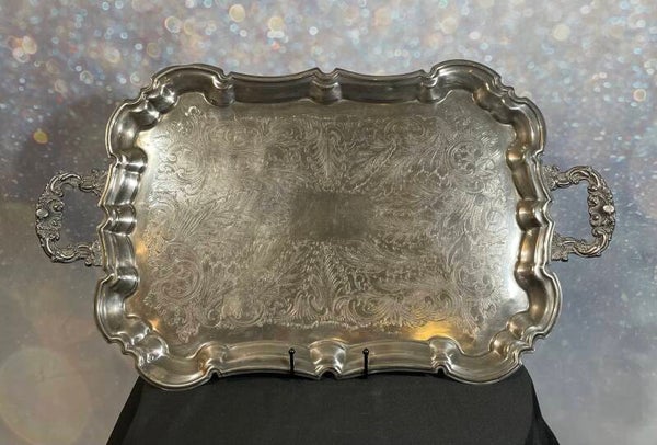 Vintage Leonard Silver-plate Butler Tray – 23” Overall (18” x 13” Surface) – Ornate Handles – Mid 20th Century