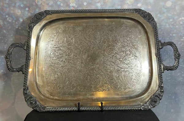 Vintage 16” x 11.5” Silver on Copper Butler Tray with Ornate Handles – European Hallmark – Mid-20th Century (1940s–1960s)