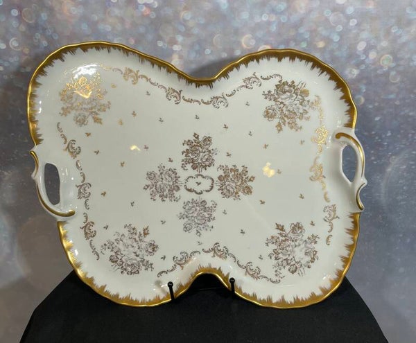 Hand-Painted Limoges Porcelain Serving Tray with Gold Gilding – France – Mid-20th Century (circa 1940s–1960s)