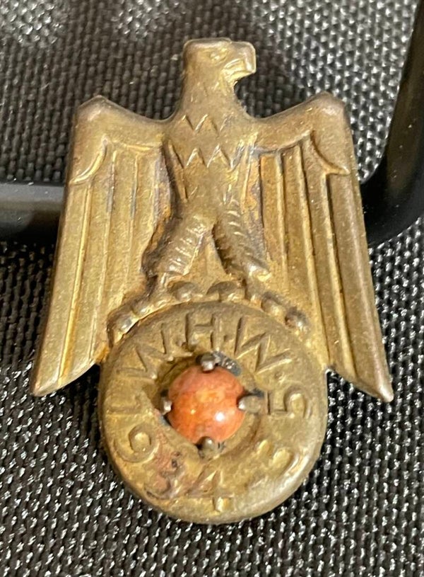 1934–35 German WHW Winterhilfswerk Eagle Badge with Red Glass Inset – Early Third Reich Era Collectible