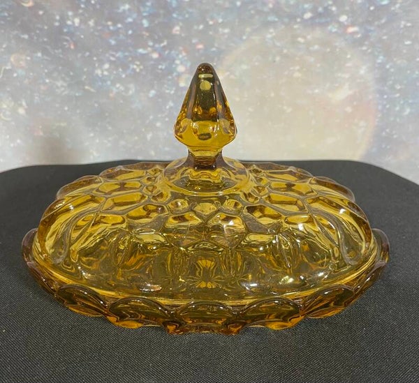 Vintage Mid-20th Century Amber Glass Honeycomb Pattern Covered Butter Dish