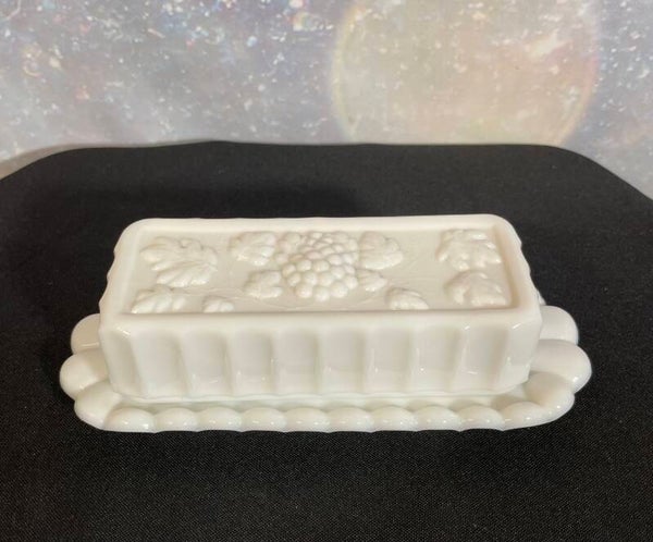Vintage Mid-20th Century Westmoreland Milk Glass Paneled Grape Covered Butter Dish