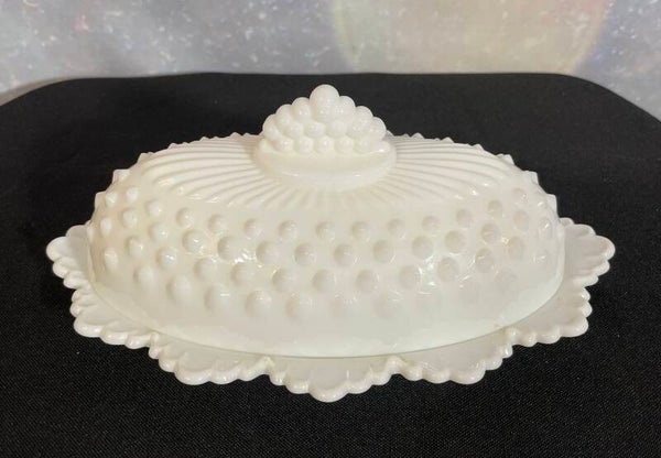 Mid-Century Fenton-Style Milk Glass Hobnail Butter Dish with Scalloped Base