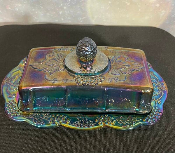 Vintage 1970s Indiana Glass Iridescent Carnival Glass Butter Dish – Grape Harvest Pattern