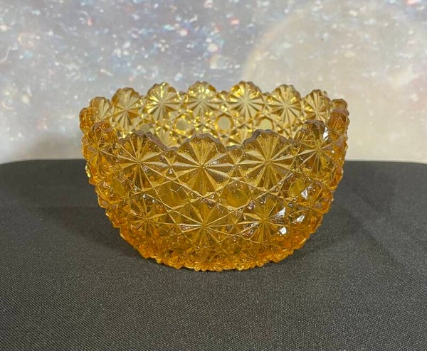 Mid-Century Amber Daisy and Button Glass Bowl