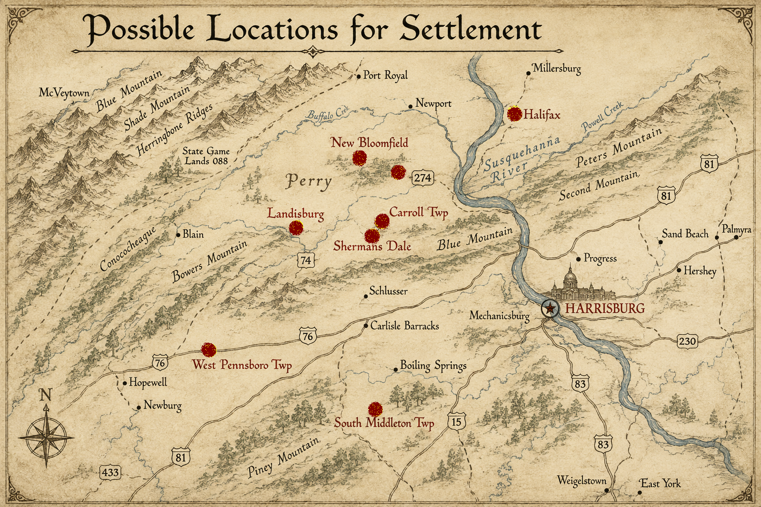 A map of locations near Harrisburg, PA, where Aristotelian-Thomistic Guild families might establish a settlement.