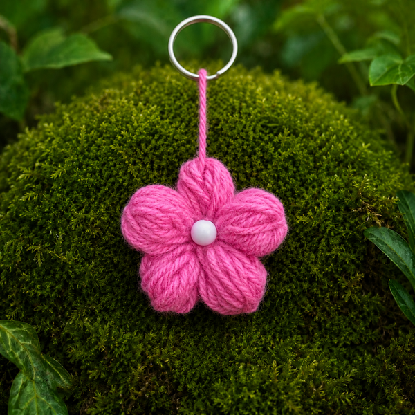 Porte-clés Fleur rose en laine fait main