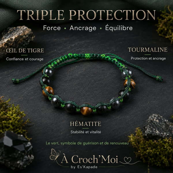 Bracelet Triple Protection Vert – Œil de Tigre, Tourmaline & Hématite