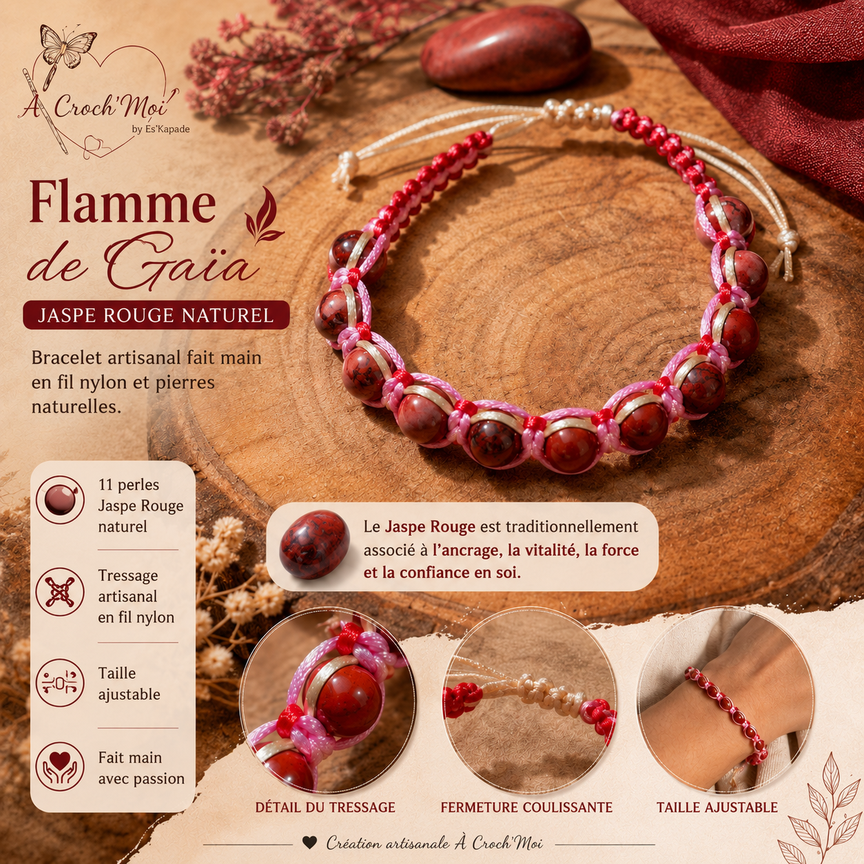 Bracelet Flamme de Gaïa – la force du Jaspe Rouge, nouée à la main.