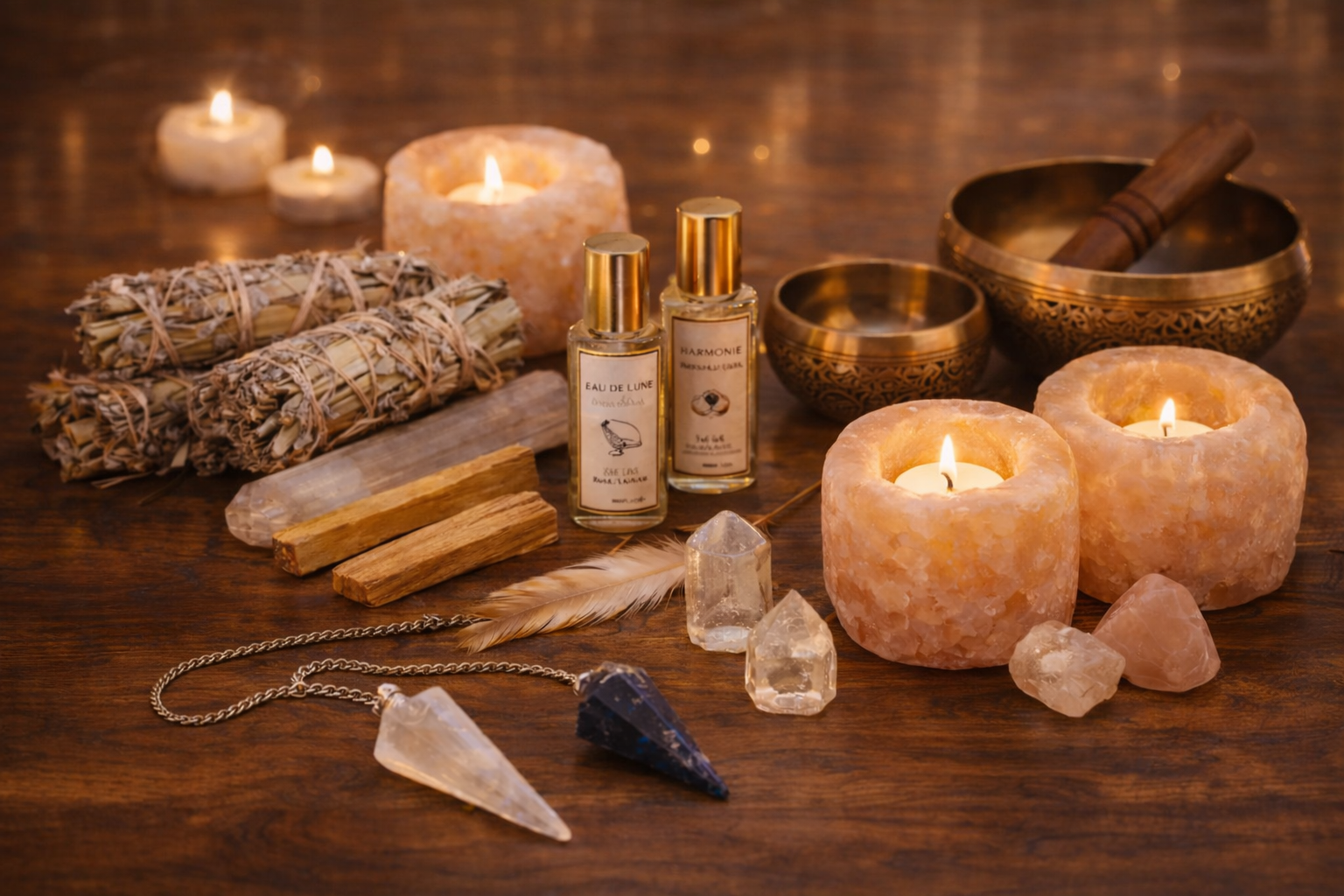 Objets de purification et de lithothérapie avec cristaux, pendules, bougies en sel, sauge et accessoires de méditation.
