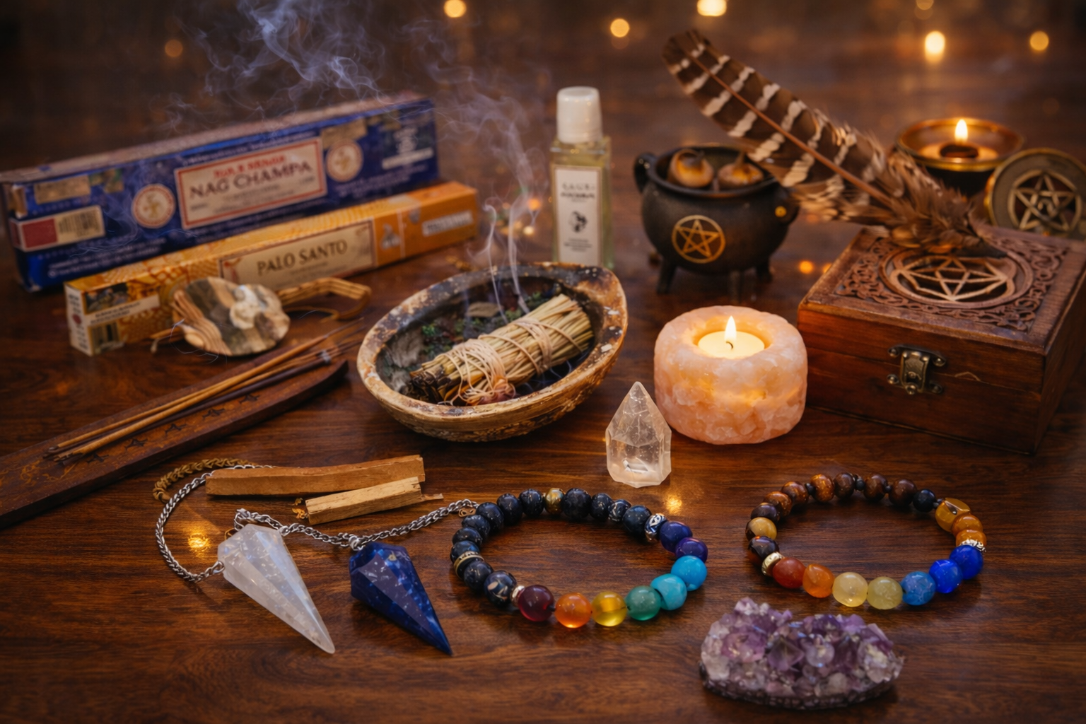 Mise en scène d’objets de purification et de lithothérapie avec encens, pierres naturelles, bracelets chakras, pendules et bougie, dans une ambiance chaleureuse et apaisante.
