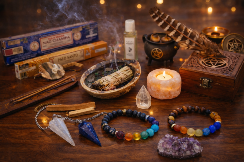 Mise en scène d’objets de purification et de lithothérapie avec encens, pierres naturelles, bracelets chakras, pendules et bougie, dans une ambiance chaleureuse et apaisante.