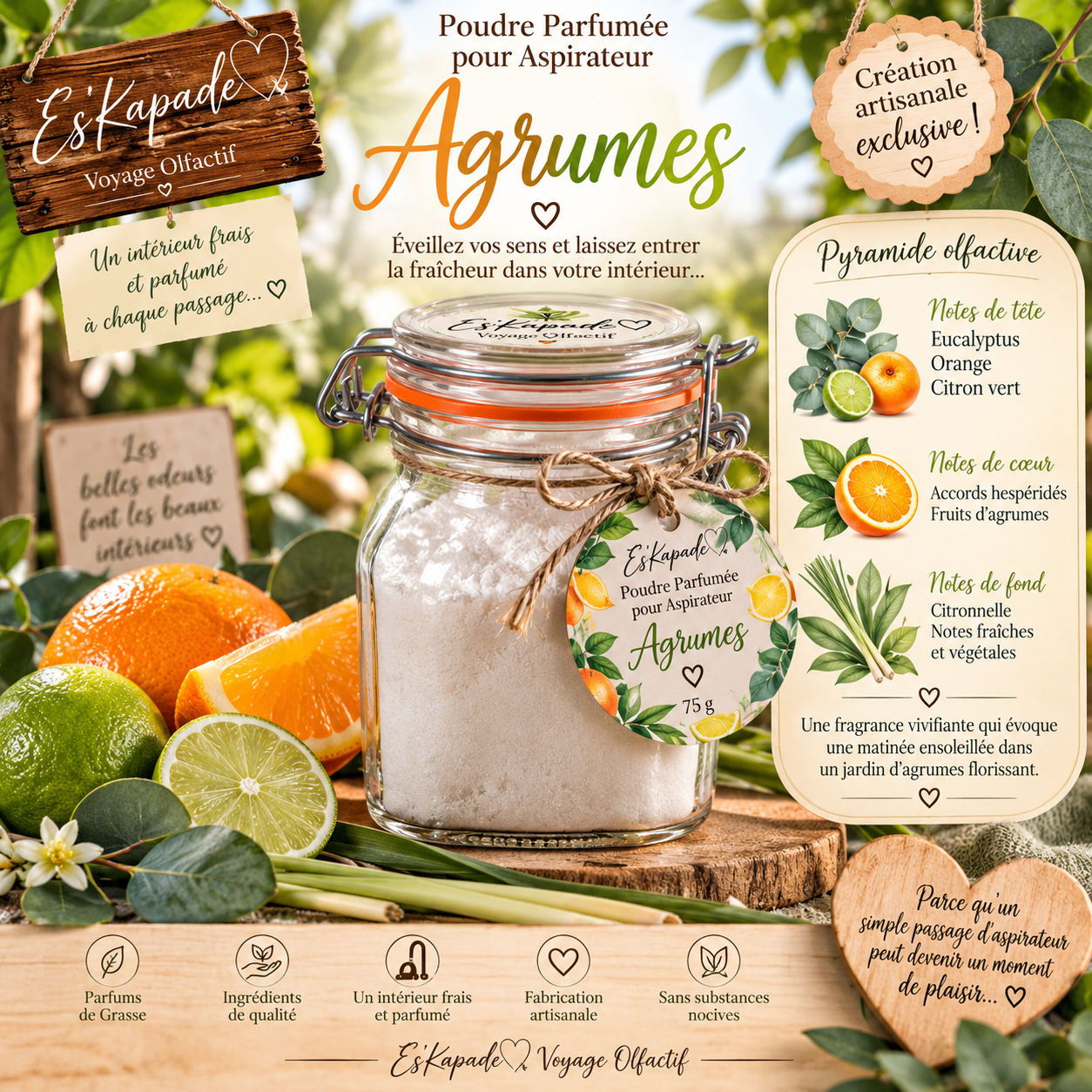 🍊 Poudre parfumée pour aspirateur Agrumes – 75 g | Création Artisanale Exclusive