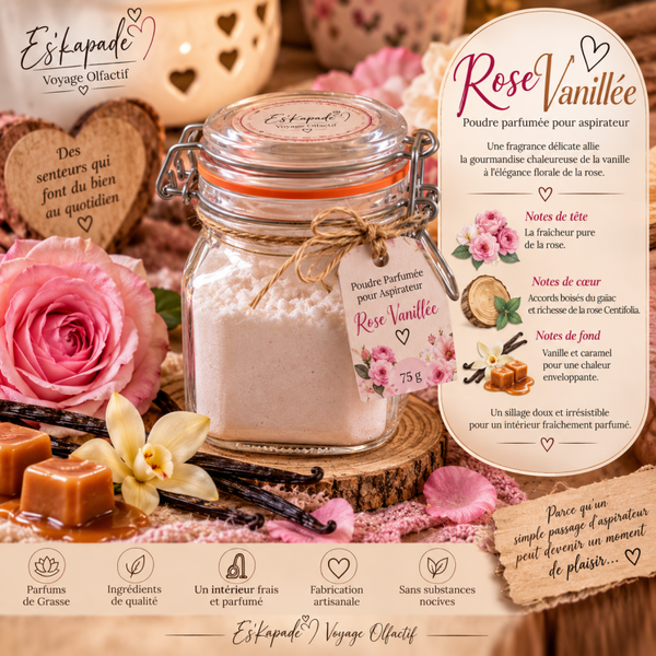 Poudre parfumée aspirateur Rose Vanillée – 75 g | Création Artisanale Exclusive