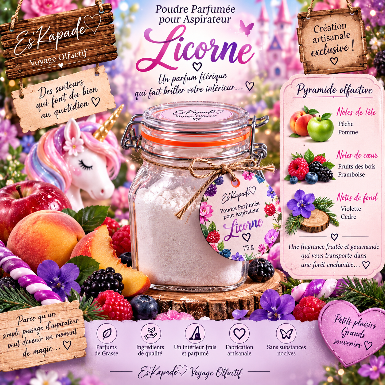 🦄 Poudre parfumée pour aspirateur Licorne – 75 g | Création Artisanale Exclusive
