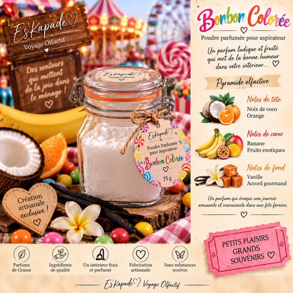 🍬 Poudre parfumée pour aspirateur Bonbon Coloré – 75 g | Création Artisanale Exclusive