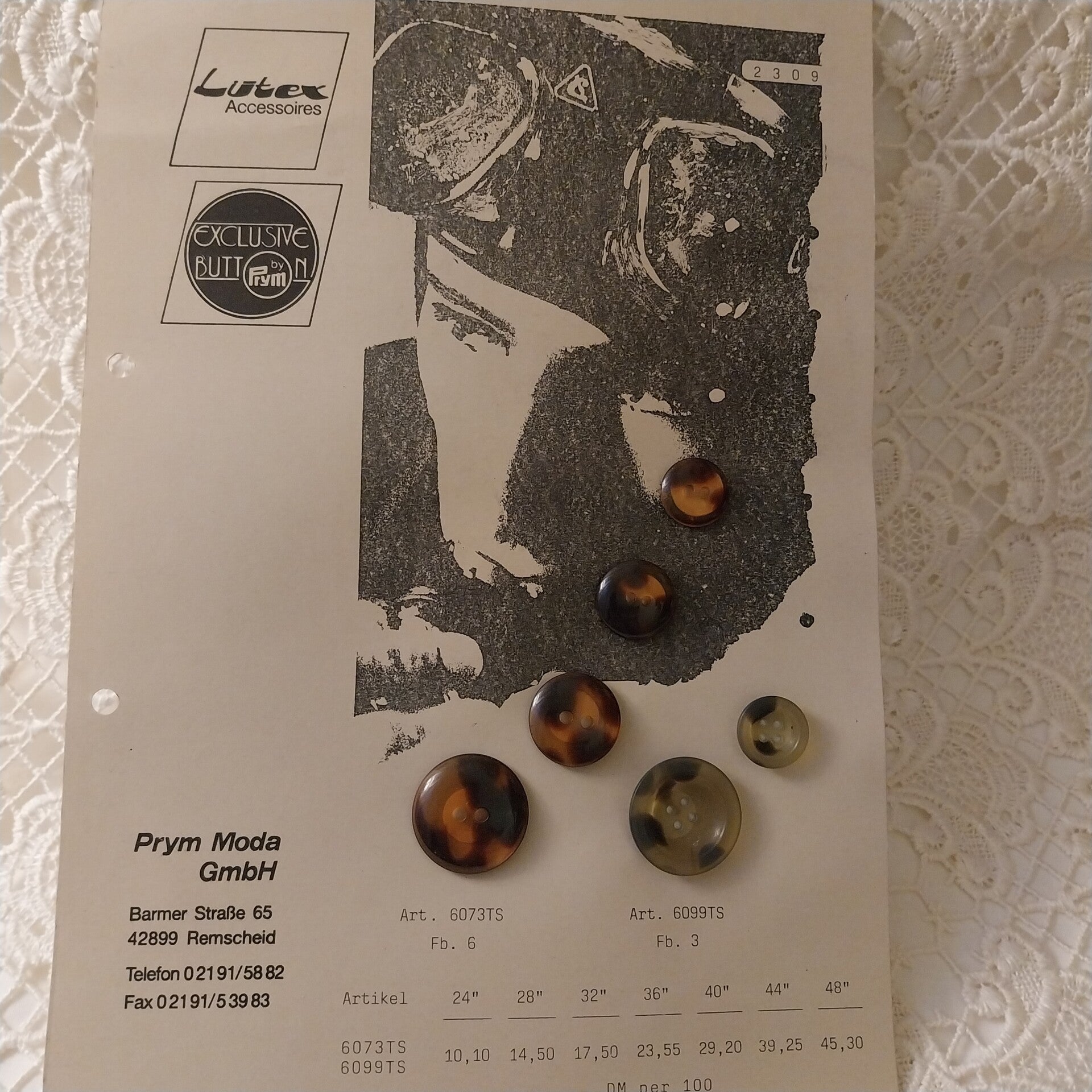 Vintage Vertreterkarte Knöpfe Knopfkarte Modellkarte PrymModa