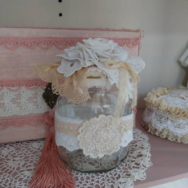 Deko Glas Aufbewahrung Upcycling Spitzen Nostalgie Cottage Stoffrose Spitze Antik