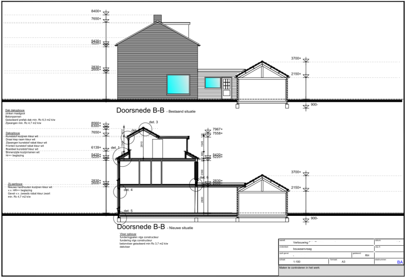 Plattegrond bestektekening bouwtekening bouw dakopbouw isolatie naisoleren duin en bollenstreek aannemer bouwbegeleiding gevelbekleding zwart planken rabat zwat dakkapel dakopbouw zij aanbouw tuin bouw  Oud Ade Leiden principe details omgevingsvergunning