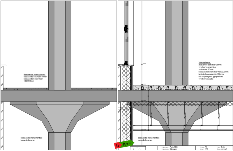 Plattegrond bestektekening supermarkt utiliteit zeshoekig achthoekige betonkolommen paddestoel restauratie verduurzaming energielabel tochtklachten voorkomen behaagelijkheid nijmegen bouw Gelderland