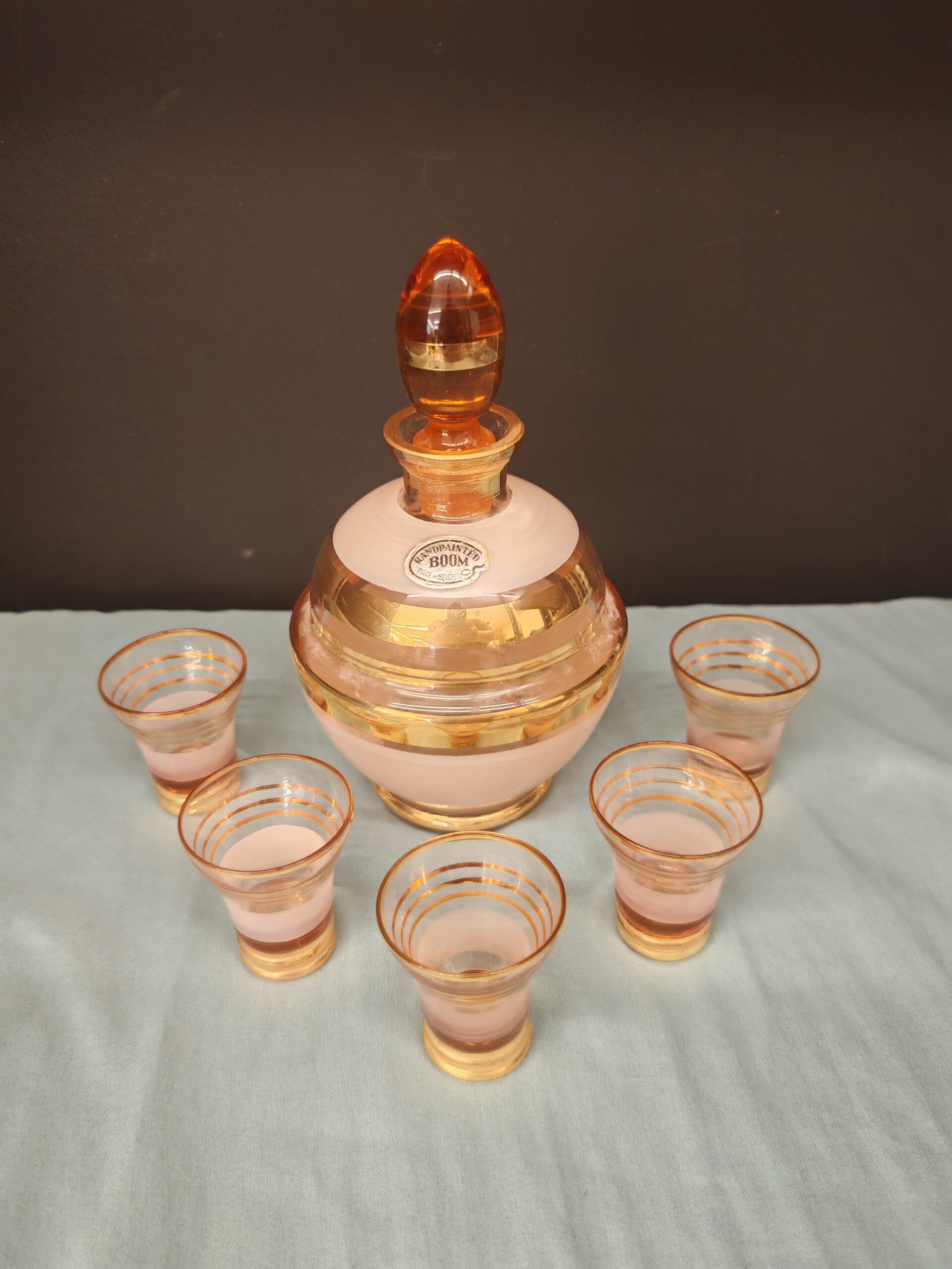 Handgeschilderde Booms glazen decanteur met 5 glaasjes – uniek vintage ensemble