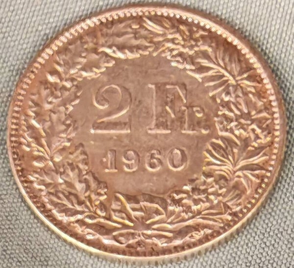 Zilveren munt Zwitserland 2 Franken 1960 – Vintage Zwitserse verzamelmunt
