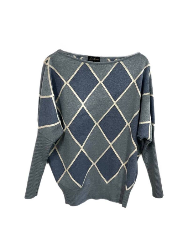 Blauwe Luisa Spaginoli trui met ruitenprint – stijlvolle designer knitwear