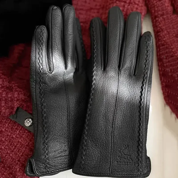Zwarte leren handschoenen , gevoerd met wol