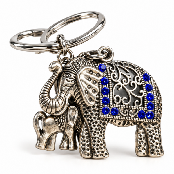 Porte-clés éléphants argentés – Détails bleus