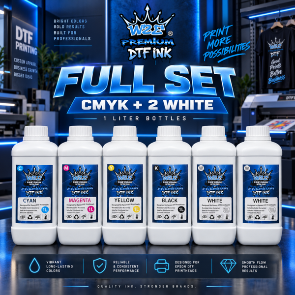 W2E Premium DTF Ink – CMYK + Double White 6-Bottle Production Set