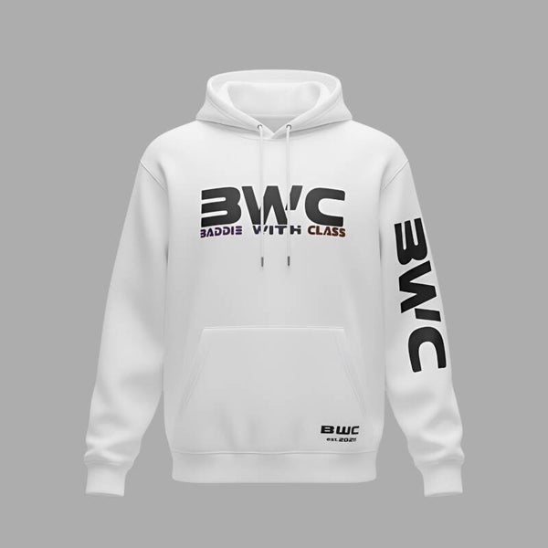 BWC Subli Hoodie Wit met Zwarte en mix kleurline lettertype 1