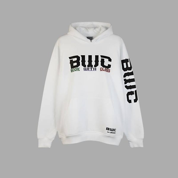 BWC Subli Hoodie Wit met Zwarte en mix kleurline lettertype 2
