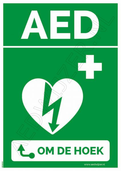 AED Sticker AED > Pijl Links om de Hoek