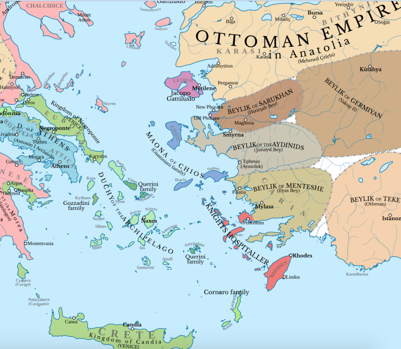 Ottomans and Western Anatolian Beyliks; Source:commons.wikimedia.org/wiki/User:Cplakidas, CC BY-SA 4.0 <https://creativecommons.org/licenses/by-sa/4.0>, via Wikimedia Commons