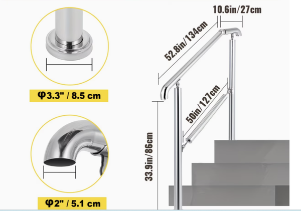 Kaidesarja, Ruostumattomasta teräksestä  3-askelmalle , ulko ja sisäkäyttö