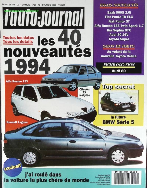 Les 40 nouveautés 1994 - L'auto journal - n° 20 - 1993 - revue magazine - voiture