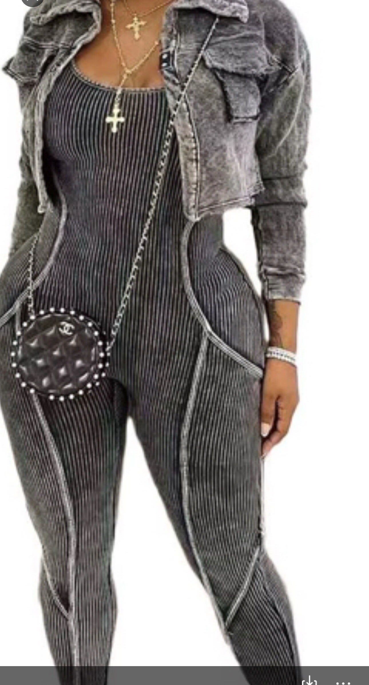 Ribbed Jumpsuit with Cropped Denim Jacket