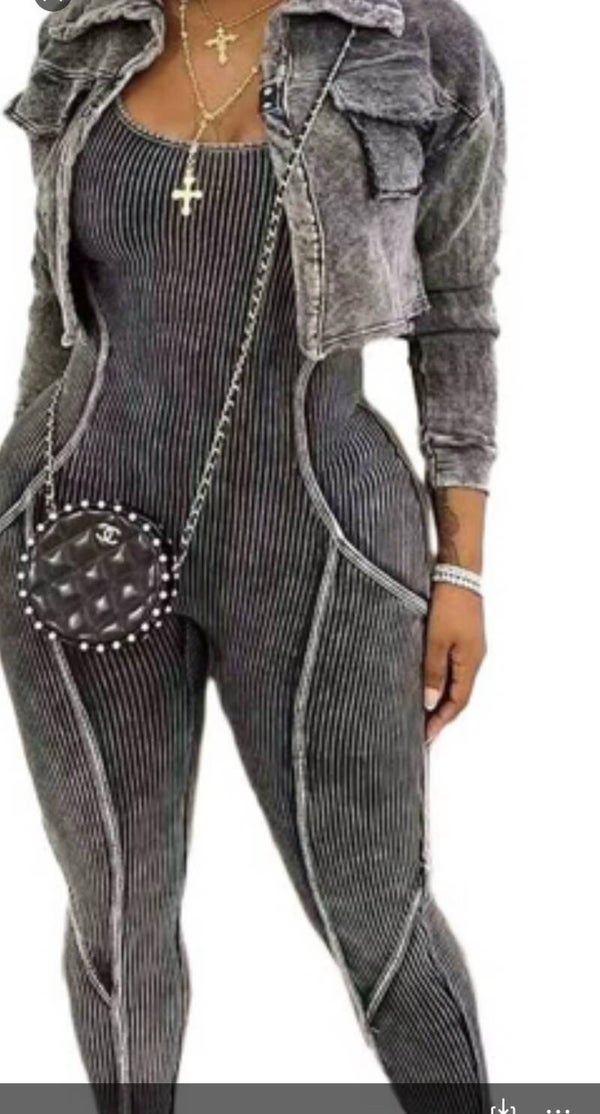 Ribbed Jumpsuit with Cropped Denim Jacket