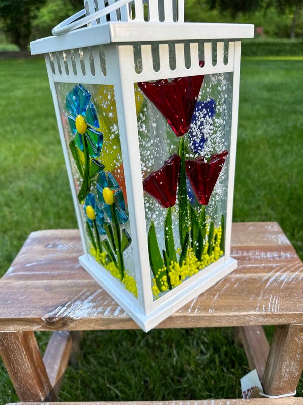 White Lantern with Various fused glass panels